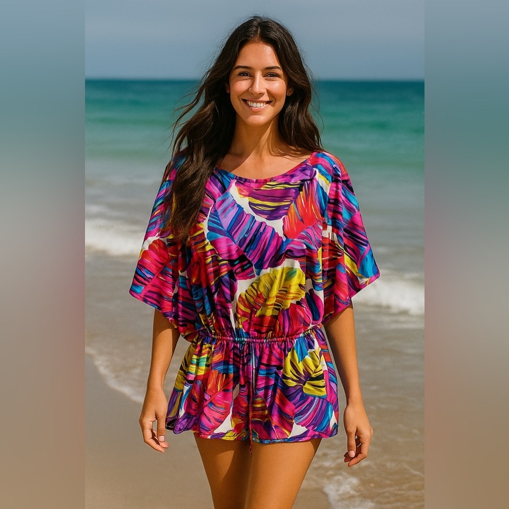 ABS by Allen Schwartz Cover‎ Up Drawstring Waist Colorful Pink Leaf Palms size M
